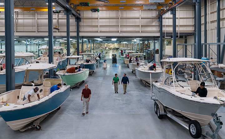 Boats on Display in Warehouse