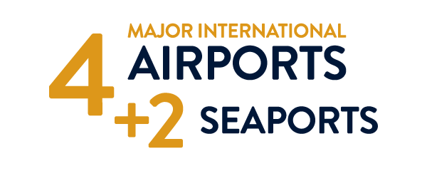 4 major international airports + 2 seaports