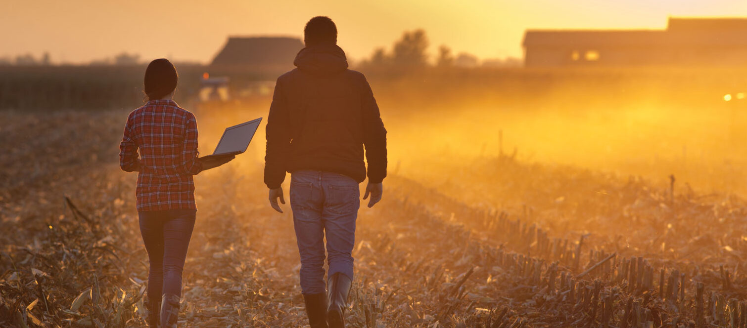 Woman engineer with laptop and landowner walking on harvested corn field during baling at sunset