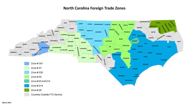 map of foreign trade zones in North Carolina