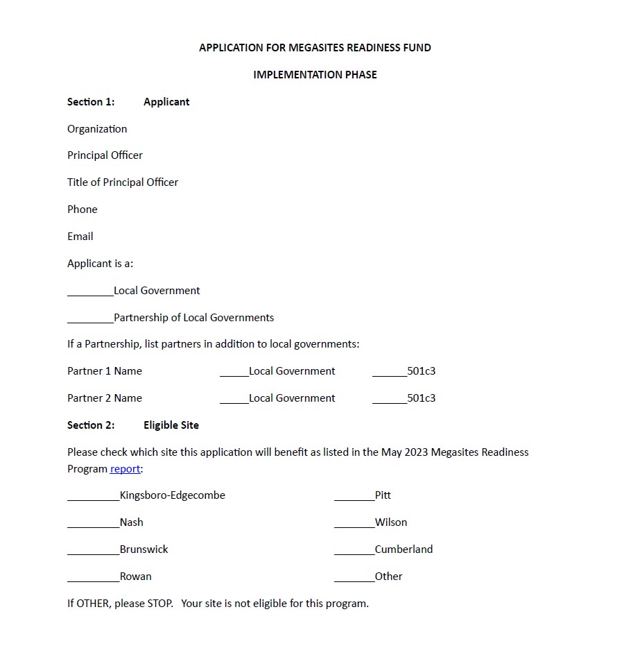 Megasite Readiness Program Application