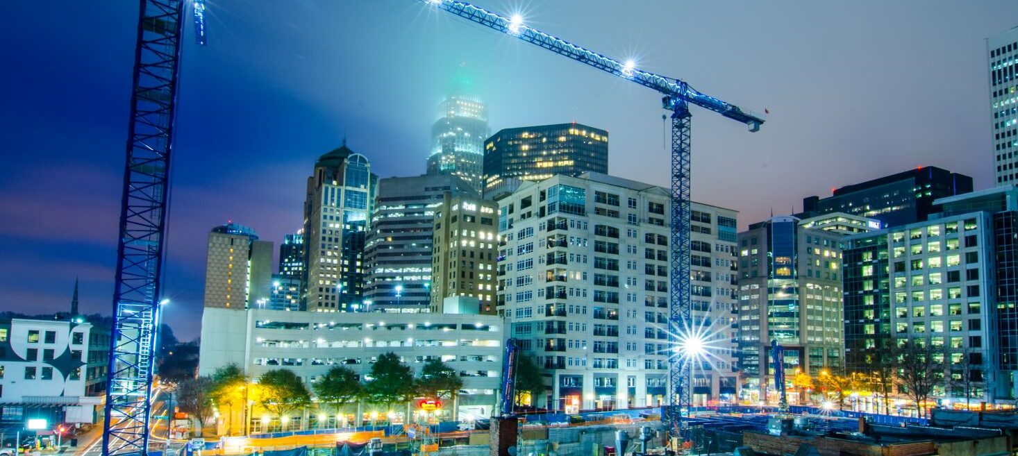 Aerial view of charlotte city construction at night