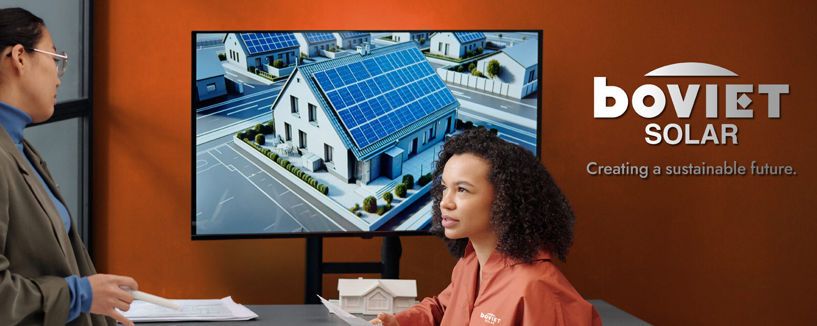 boviet solar office with two female workers talking