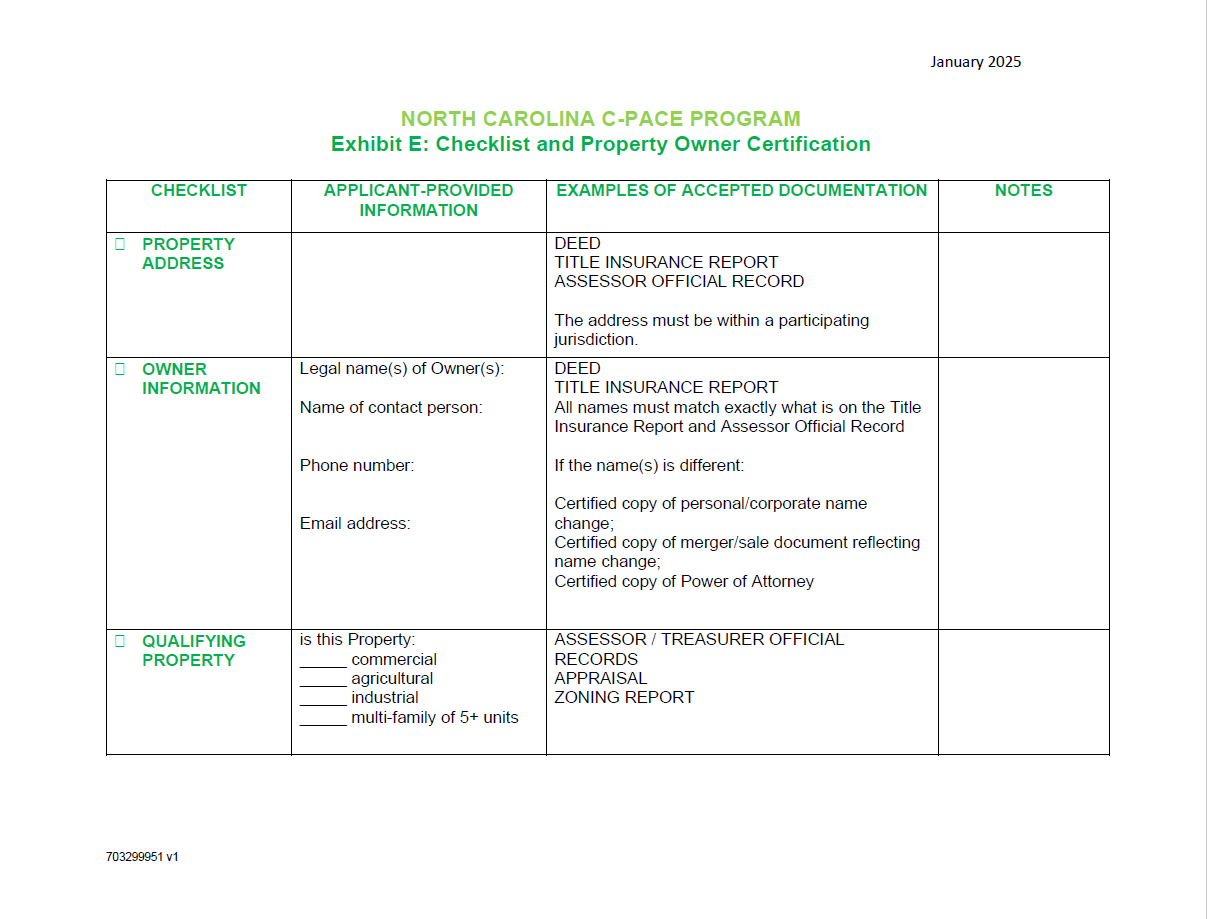 C-PACE Checklist and Property Owner Certification