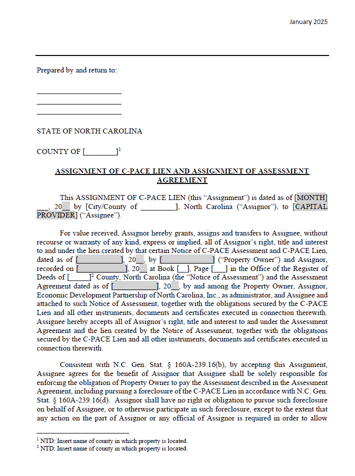 Form of Assignment of C-PACE Lien and Assessment Agreement