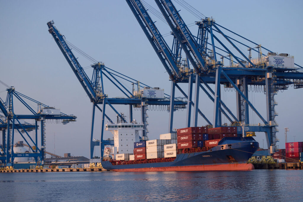 Boat carrying cargo enters Port of Wilmington in North Carolina