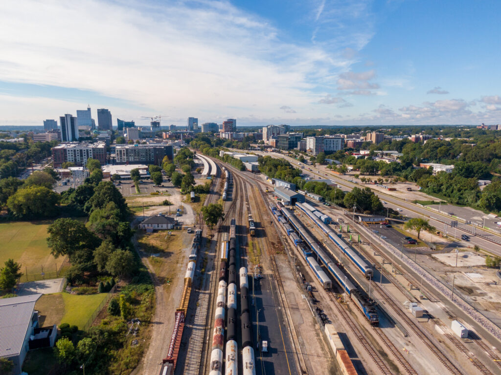 Aerial view of rail yard in downtown Raleigh, North Carolina