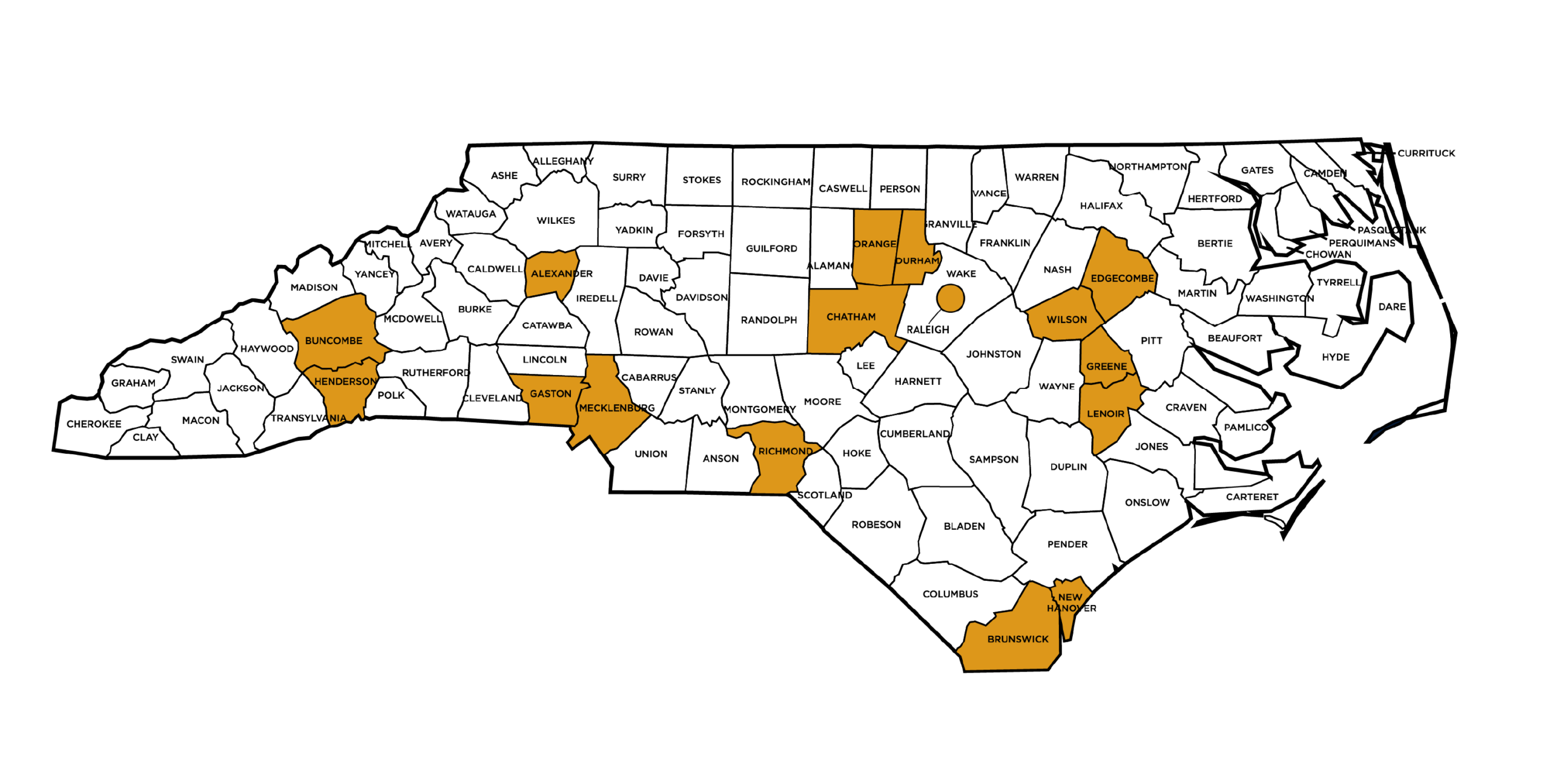 Map of counties and cities in North Carolina participating in the state's CPACE program