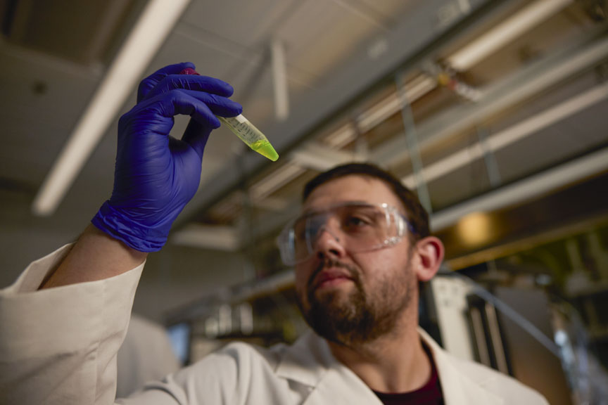 worker in lab analyzing data sample