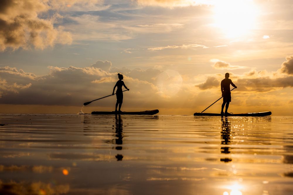Stand up paddle boarders on the water at sunrise